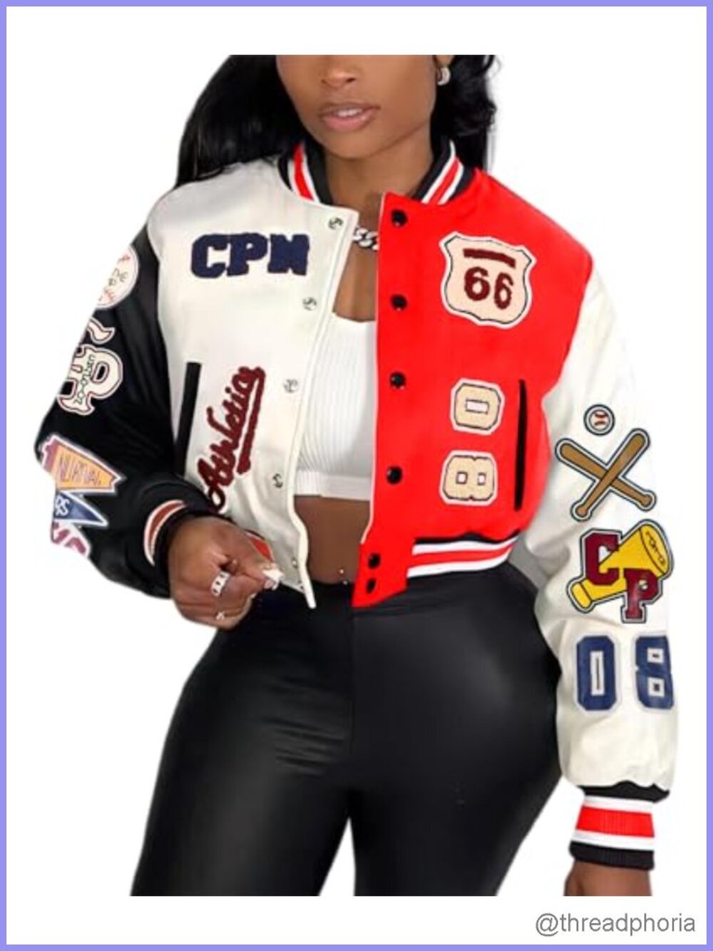 Faux Leather Varsity Bomber Jacket with Patches Cropped Street Style